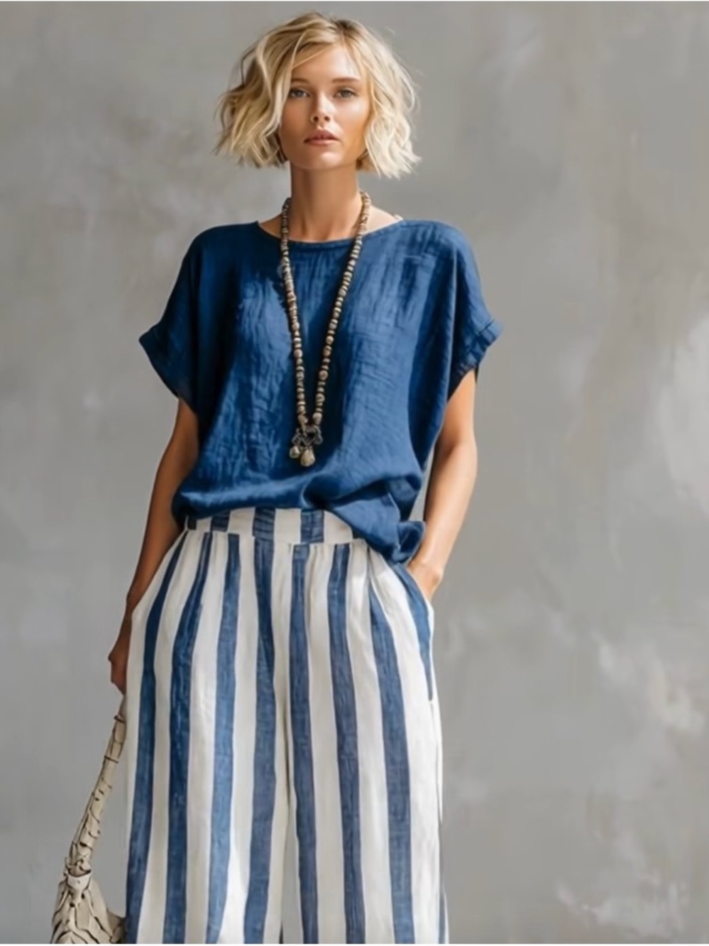 2pc Navy Blue Summer outfit  includes a blue and white striped wide-leg pants